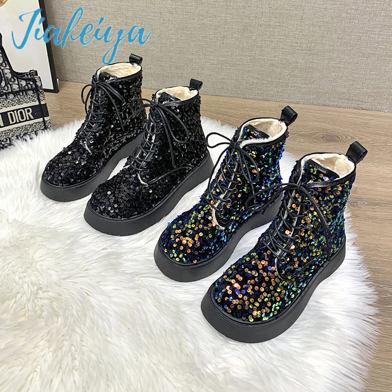 

2021 New Women's Boots Sequins Warmth Fashion Ladies Fashion Boots Black Glittering Platform Shoes Goth Platform Boots Designer