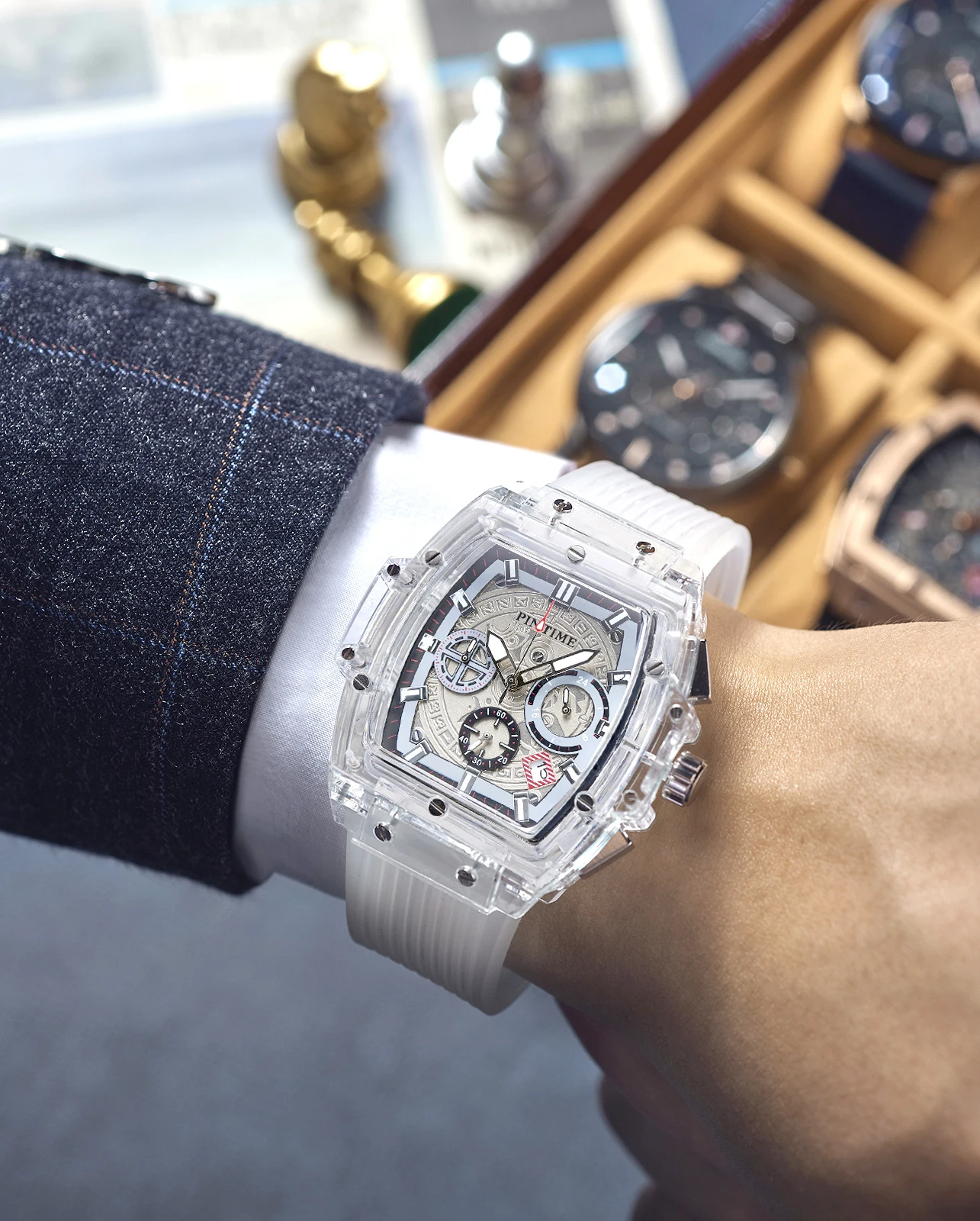 Мужские спортивные часы PINTIME Модные прозрачные с большим лицом военные для