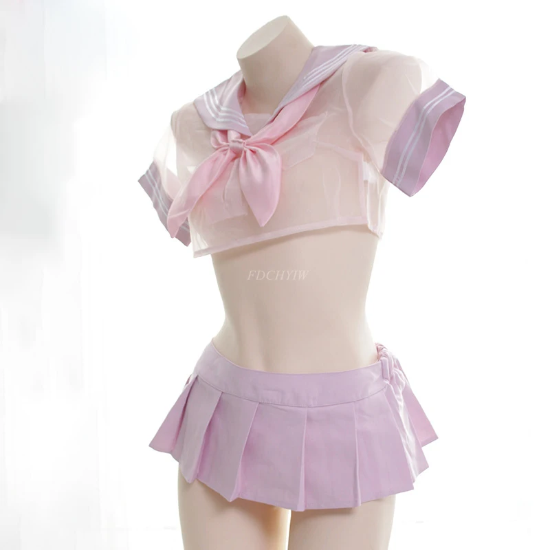 

Sexy Anime Girl Pink Student Uniform Japanese Women's Transparent Sailor Suit Cosplay Lingerie Nightdress School Girl Costume