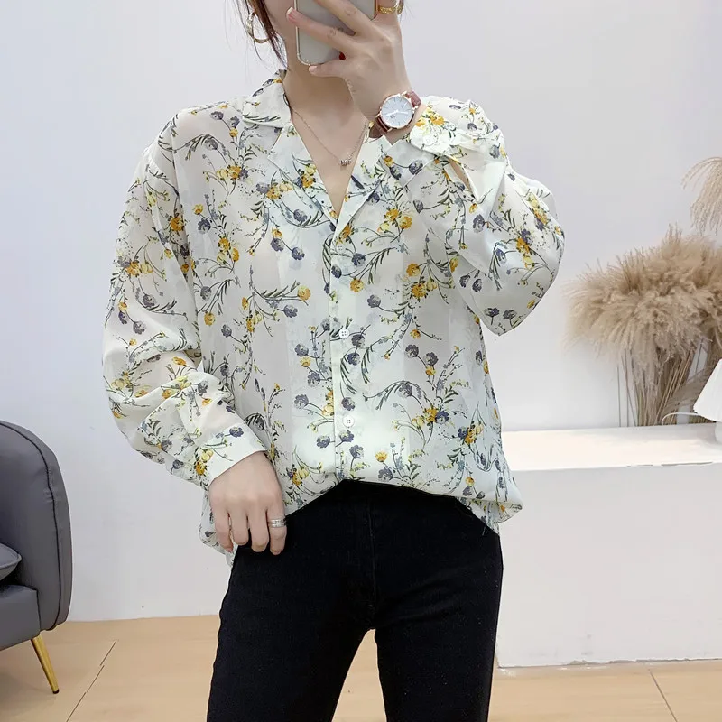 Autumn Loose single breasted bust 106cm Women floral printed tops fashion office lady long sleeve elegant work shirts n321 | Женская