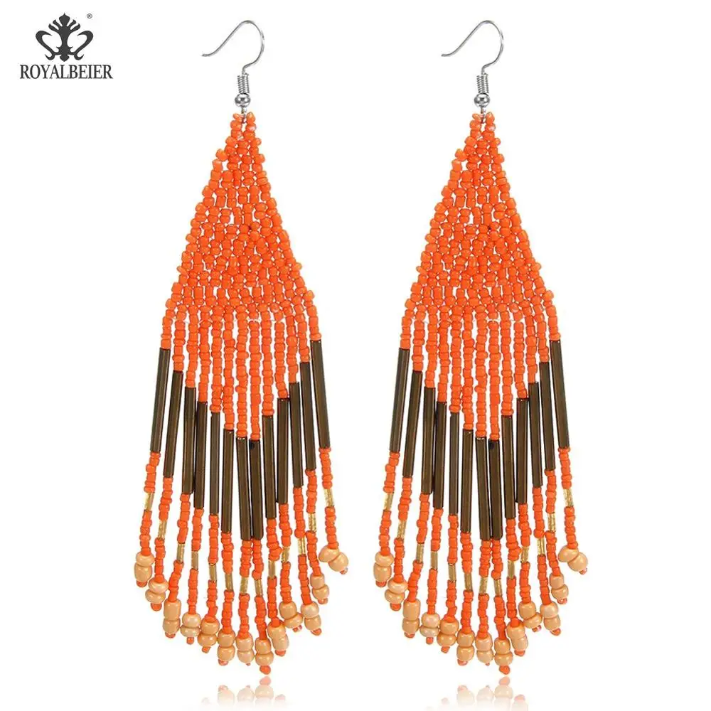 Bohemian earrings11 ROYALBEIER богемные длинные кисточки акриловые перо форма бисера Кулон Серьги Свадебная вечеринка очаровательные ювелирные изделия серьги - Окраска металла: Bohemian earrings11