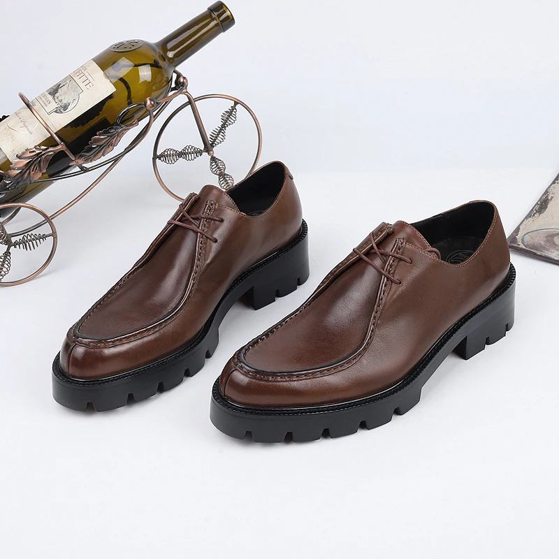 Мужские повседневные деловые туфли бычья кожа на шнуровке толстая подошва