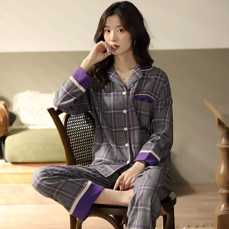 Новинка весна-осень Пижама женская тканая хлопковая Корейская версия простой