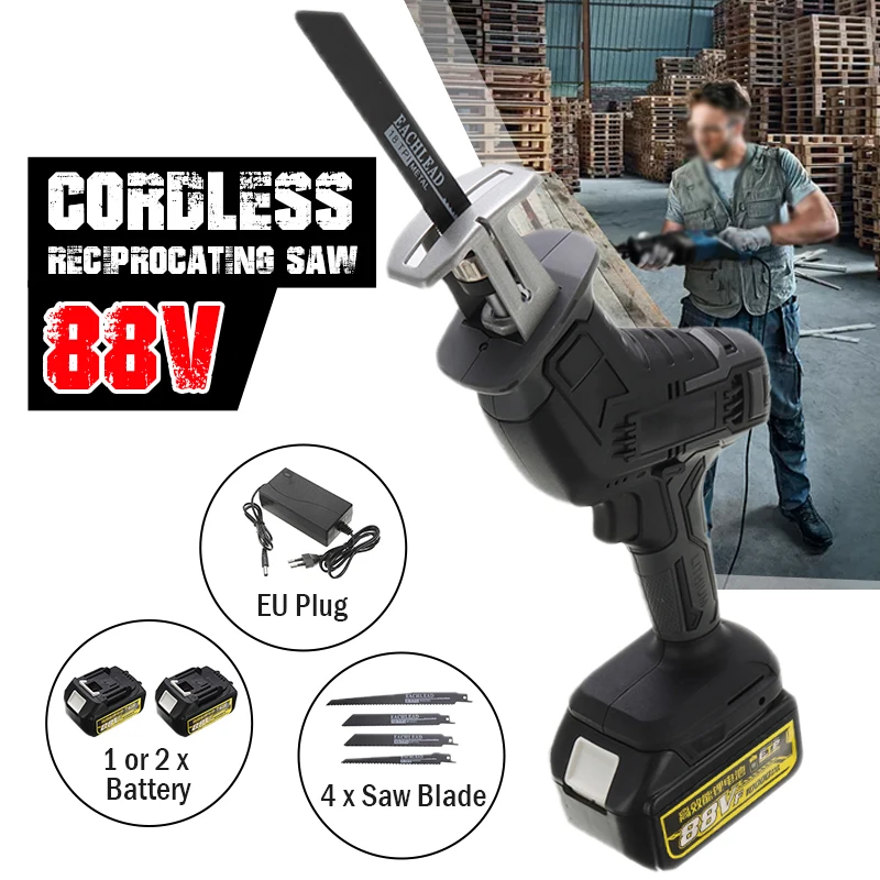 

88V Rechargeable Cordless Reciprocating Saw 4 Blades Metal Cutting Woodworking Tool Kit with 1/2 Li-ion Battery Prunning Saw