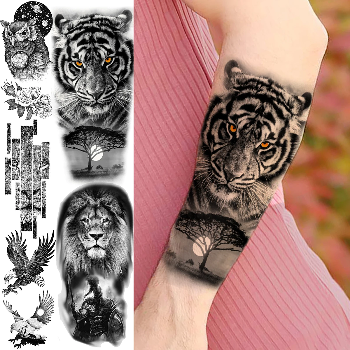 Временные татуировки для женщин и мужчин 3D тигр Лев воин сова Вселенная цветок