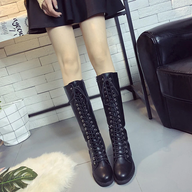 Женские сапоги martin до колена на шнуровке спереди Зимние теплые плюшевые высокие