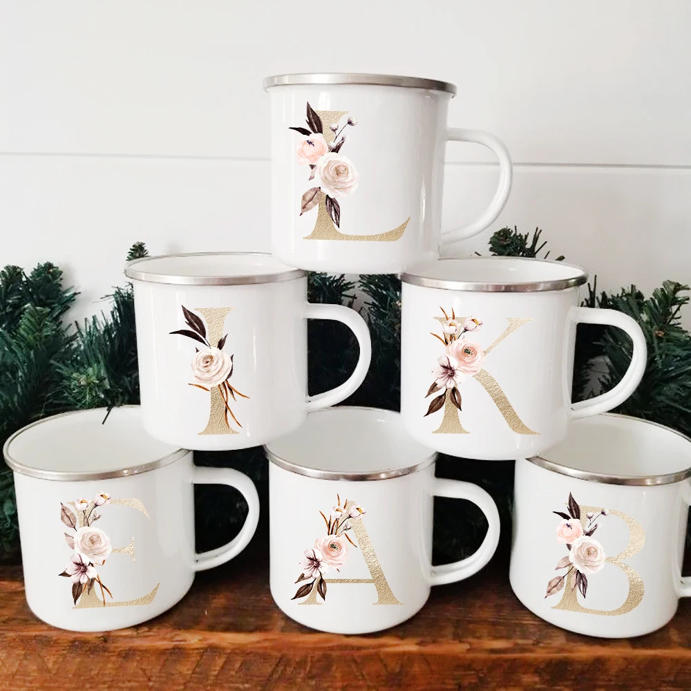 

Golden Alphabet Flowers Vintage Enamel Mugs With Handle Office Home Drinking Coffee Beer Cups Milk Tea Mug Camping Hiking Gifts