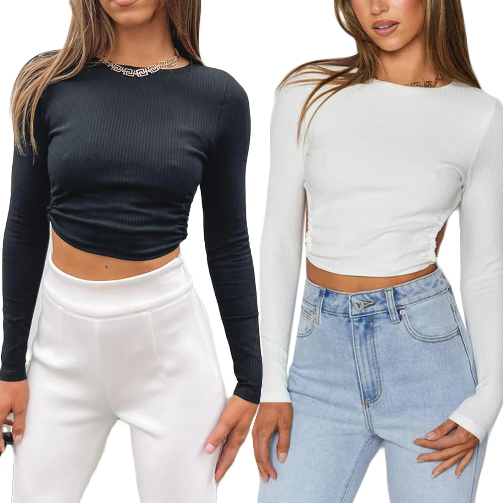 

Women’s Casual Long Sleeve T-shirt Fashion Solid Color Boat Neck Hollow Exposed Navel Tops