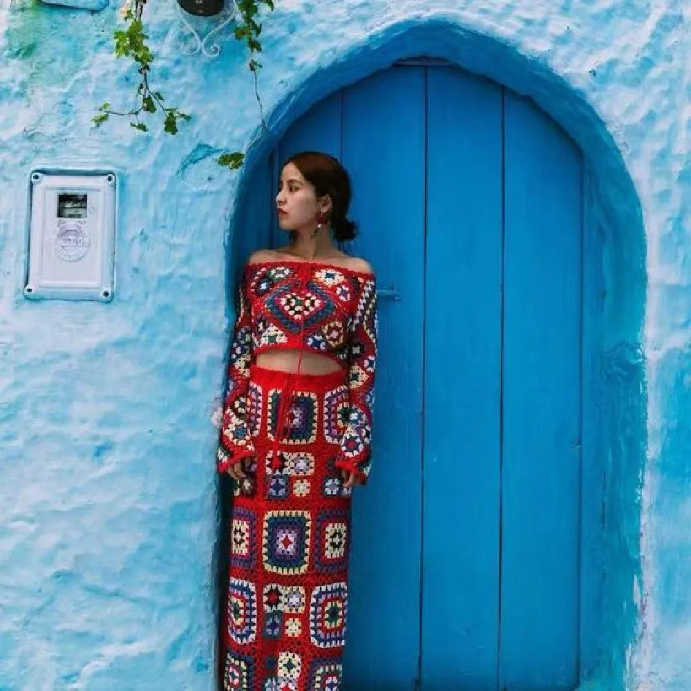 Женский богемный Костюм-двойка ручной работы вязаный крючком с открытыми