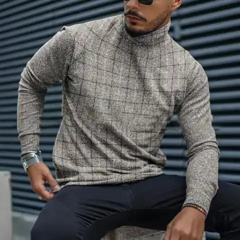 Пуловер мужской, с высоким воротом и длинным рукавом, приталенный, осень 2021, 4XL, Повседневный, в клетку, с принтом, футболка уличная одежда