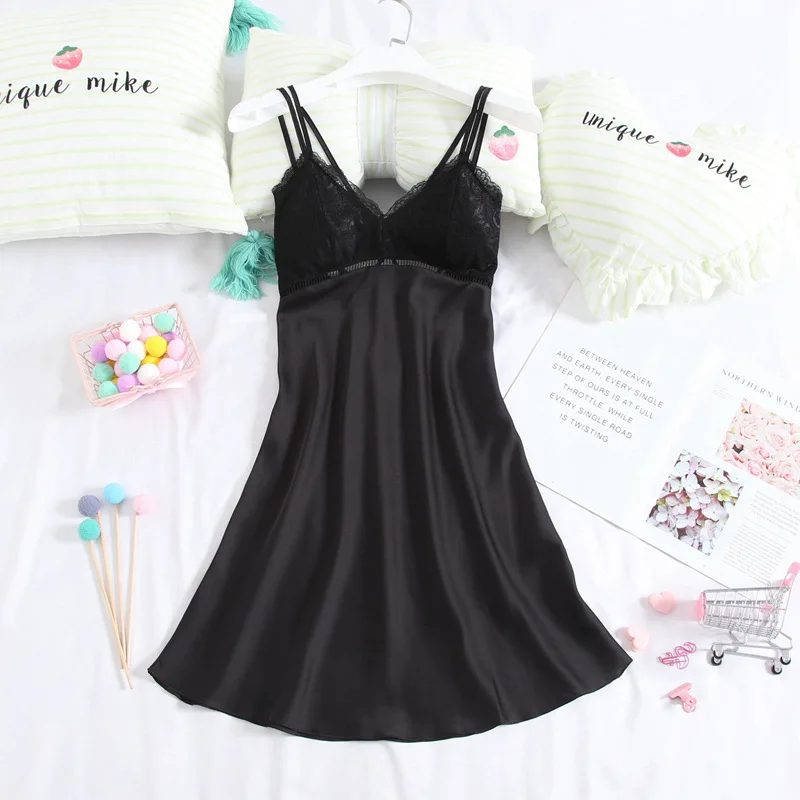 

Lace Patchwork Nightgown Women Nightdress Summer Sleeveless Sleep Dress V-neck Spaghetti Strap Sleepwear 5 Colors Home Dress