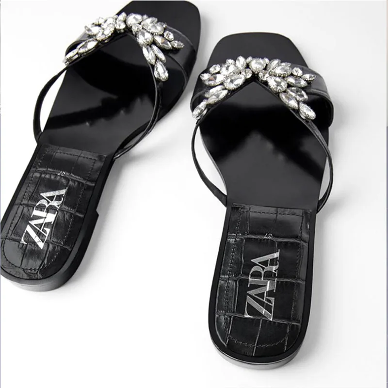 

ZA Blingbling New Women's Shoes Flat Water Drill Square Toe Slippers Cross Crystal Sandals For Female