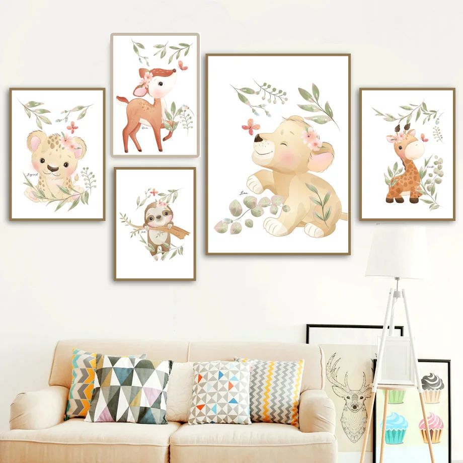 

Sloth Deer Elephant Leopard Giraffe Rabbit Lion Wall Art Canvas Painting Nordic Posters And Prints Wall Pictures Kids Room Decor