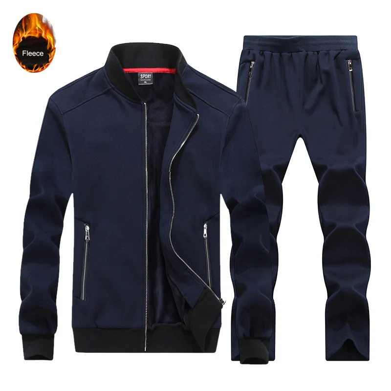 

2 Piece Set Men Winter Fleece Running Set Thermal Baseball Uniform Soccer Suit Zipper Cardian Sweater Sports Clothing Plus Size