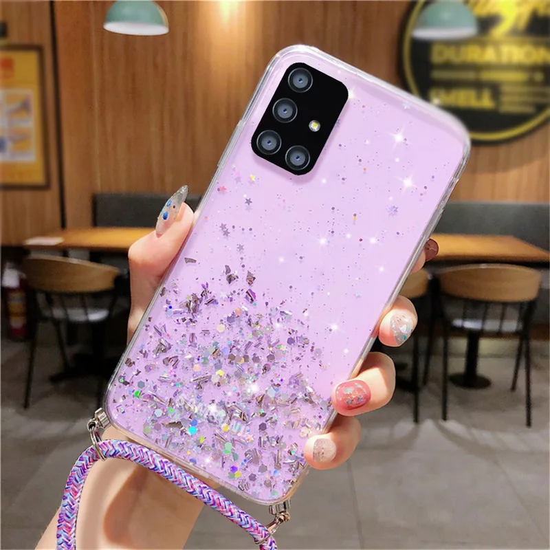 With Neck Strap Rope Cord Clear Glitter Case For Samsung Galaxy A51 A71 S20 FE S23 S22 S21 Ultra A72 A12 A52 A52S A13 Cover