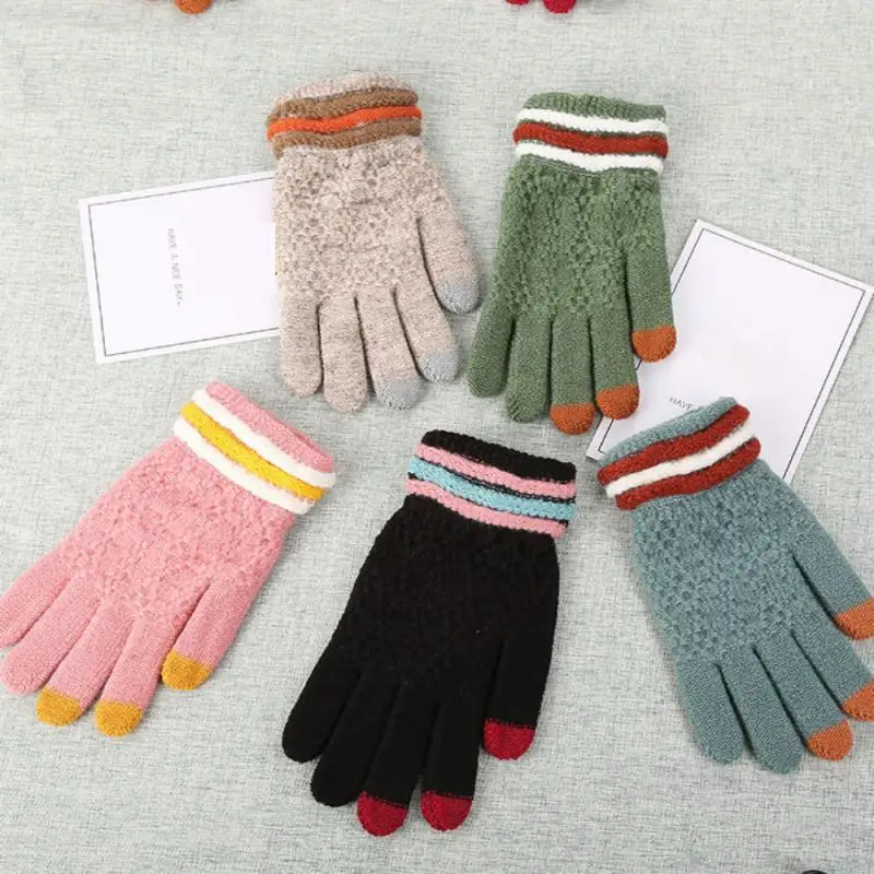 

Женские зимние теплые вязаные перчатки с пальцами, мужские шерстяные варежки разных цветов для экрана, женские плотные теплые велосипедные...
