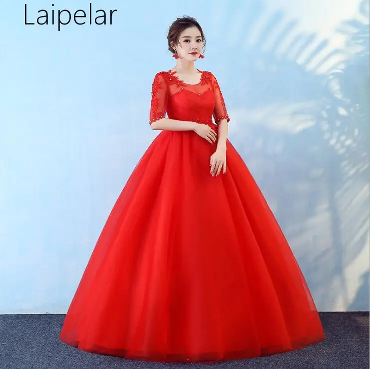 

Elegant Comfortable Red Lace Maternity Wedd-ing Dress Half Sleeve Lace Up Long Ball Gown Cheap Plus Size For Pregnant Bride