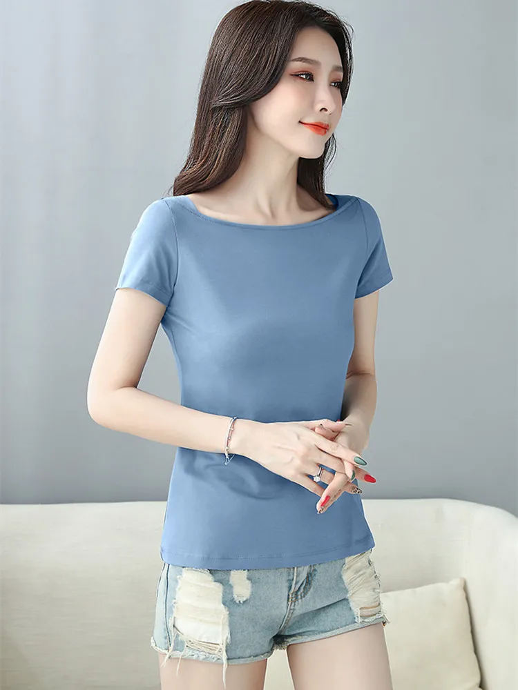 

Футболка женская с коротким рукавом, модный топ из мягкого хлопка с воротником-лодочкой, однотонная Повседневная рубашка, одежда на лето