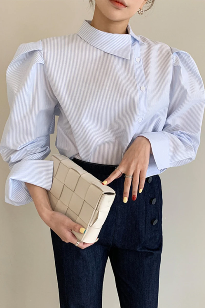 

ZCSMLL Korean Temperament blouse Chic Lapel Single-breasted Loose and casual Puff Sleeve Striped women Shirt