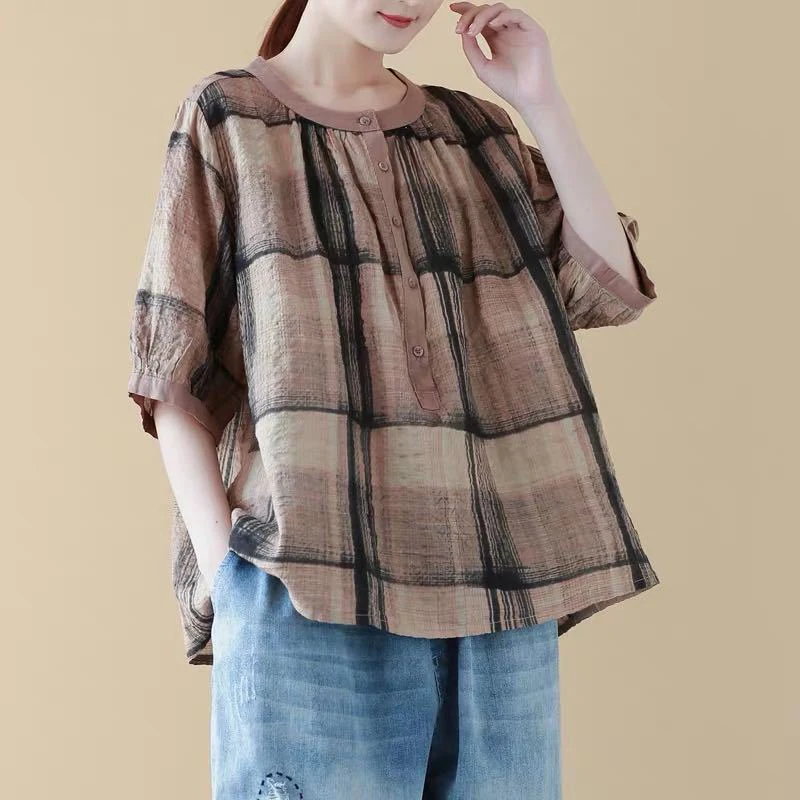 Женская Свободная блузка с принтом повседневная льняная круглым вырезом и