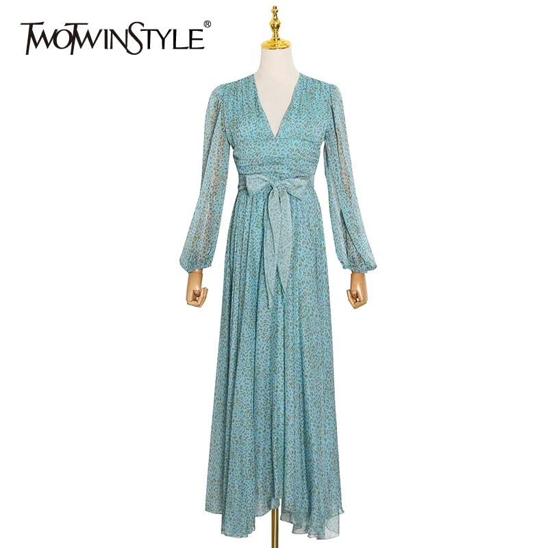 

TWOTWINSTYLE Elegant Leopard Women Dress V Neck Lantern Sleeve High Waist Midi Vintage Dresses Female 2020 Fall Fashion New Tide