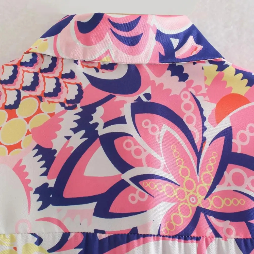 

1 Set Beach Style Shirt Shorts Set Printed Elastic Waist Turndown Collar Women Long Sleeve Single-breasted Outfit for Vacation