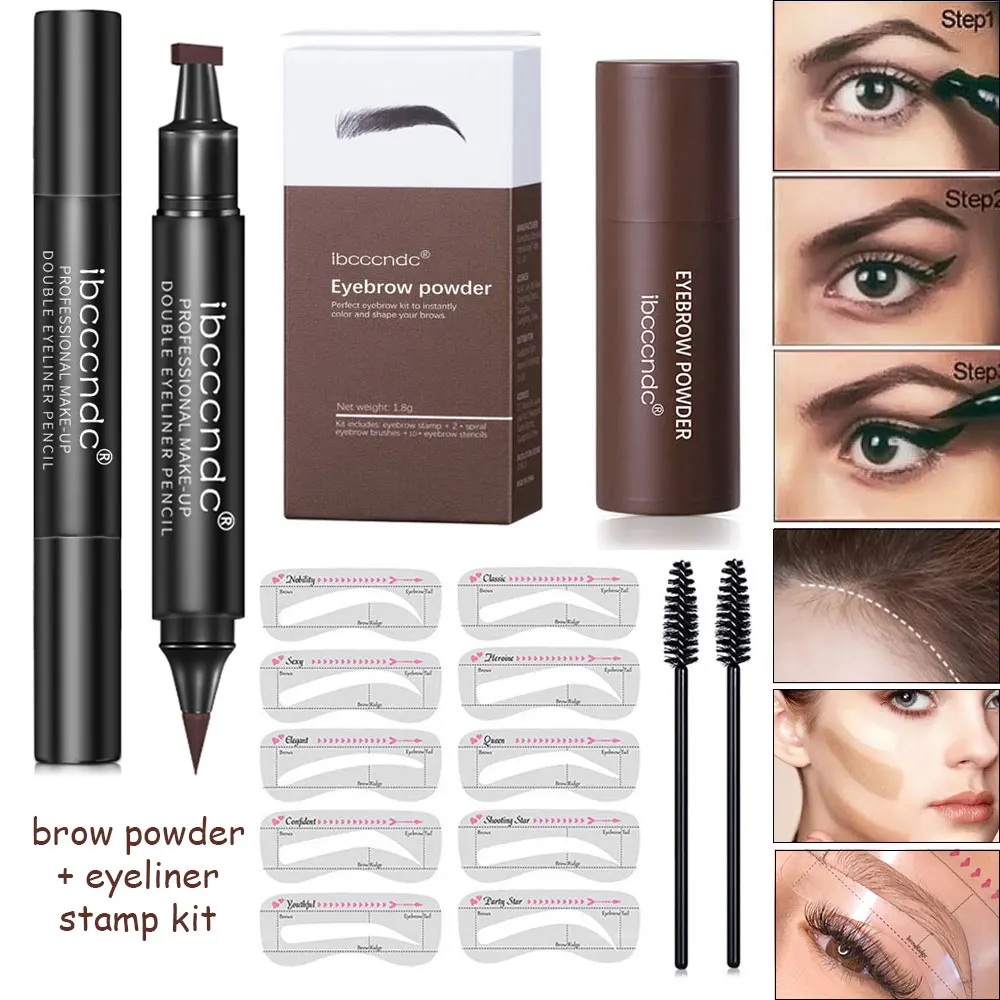 

Hot Eyebrow Stamp Kit With Eyeliner Stamp Pencil Waterproof Eye Brow Powder Stamping Black Liquid Eye Liner Quick Dry Dropship