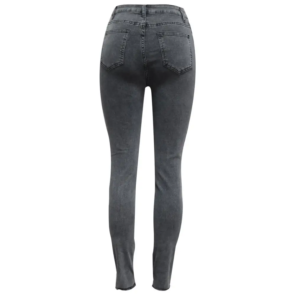

Autumn new fashion solid color jeans with holes, slim waist buttons and ladies trousers
