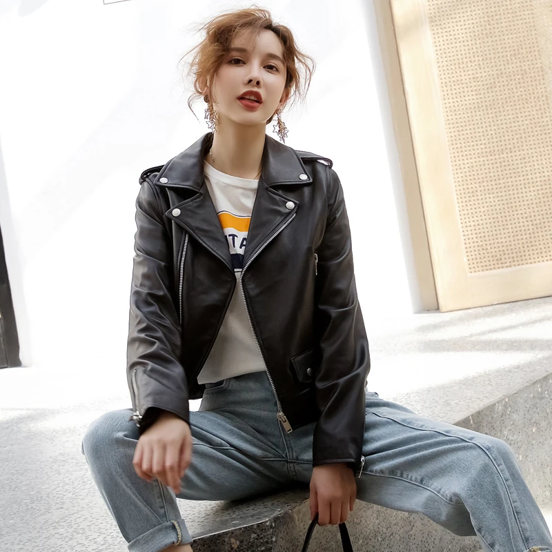 Women Plus Size Sheepskin Genuine Leather Jackets Autumn Slim Motorcycle Biker Jacket Ladies Real Leather Coats Chaqueta Mujer