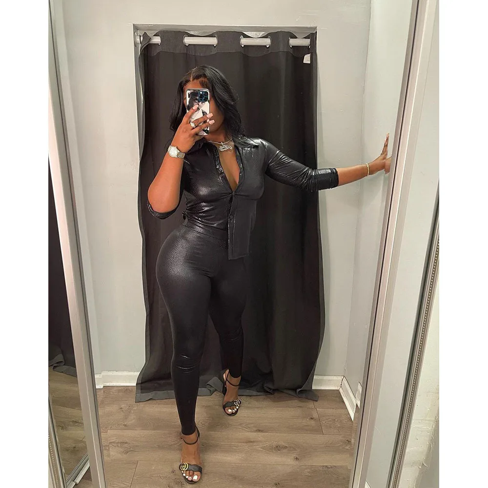 

2 Piece Set Long Sleeve Button Shirt PU Leather Pants Set Streetwear Stretch Snake Skin Bodycon Matching Set Autumn Street