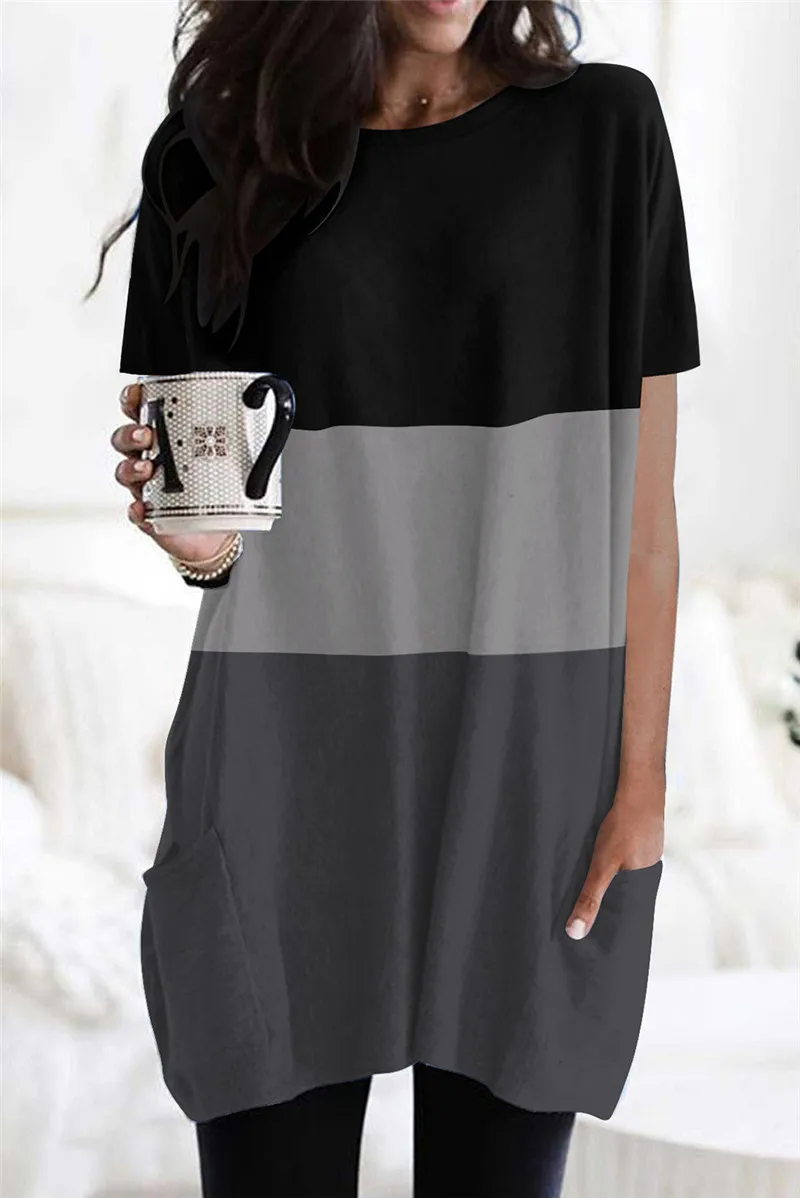 

Fashion Summer Women Dress Plus Size Women Short Sleeve O-Neck Long T shirt Mini Dress Pocket Loose Casual Female Dress Vestidos