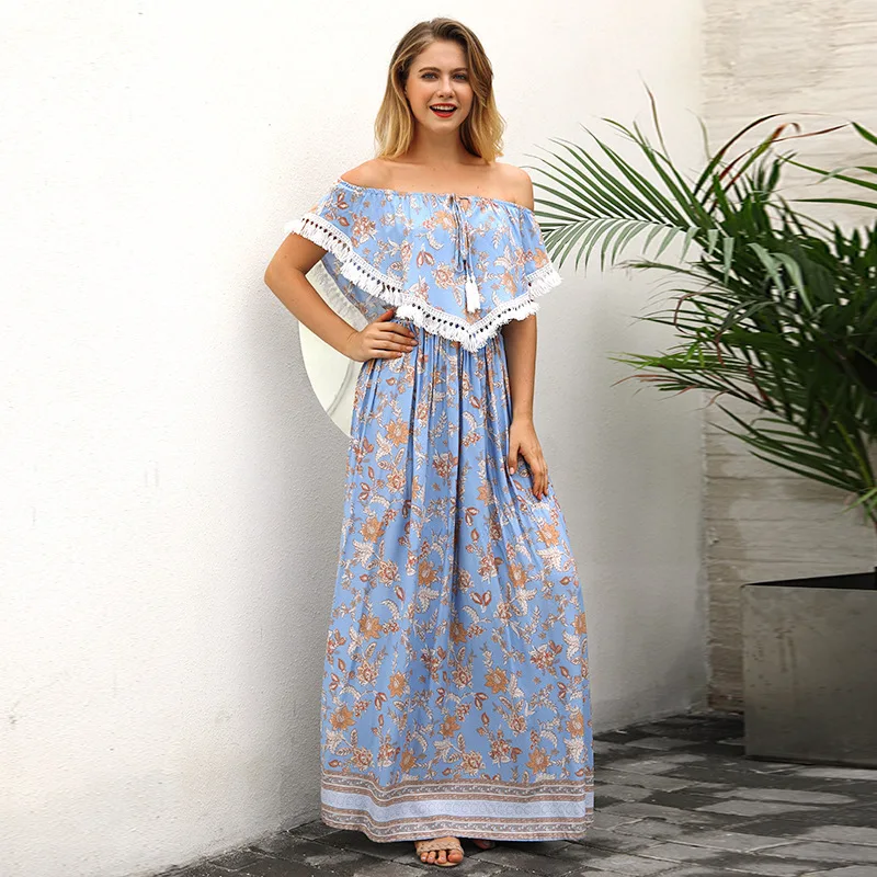 Женское длинное платье в богемном стиле свободное пляжное с оборками вырезом