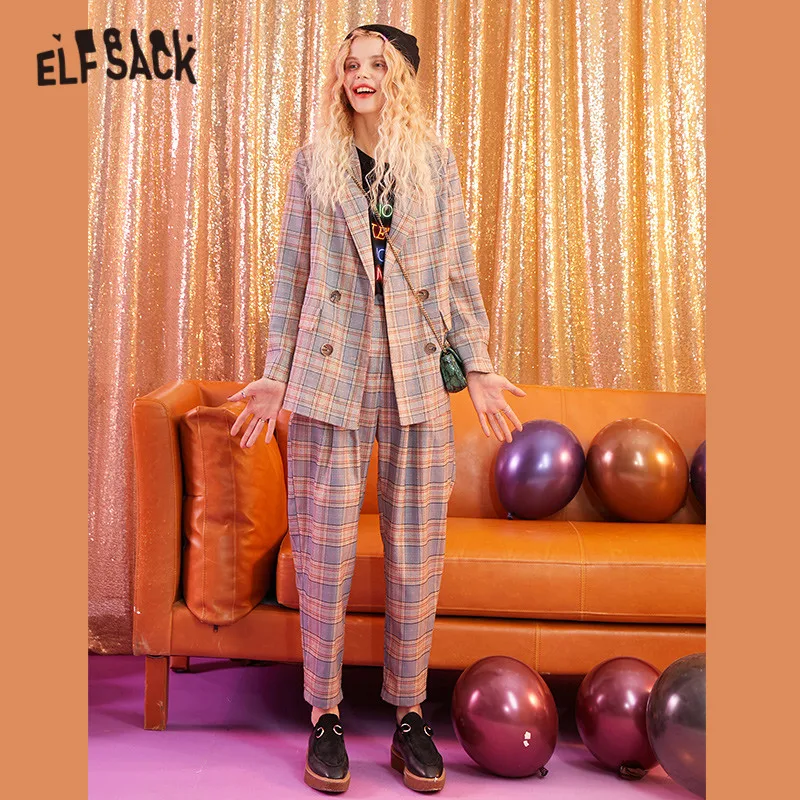 ELFSACK клетчатый Британский женский Блейзер на одной пуговице осень 2019 длинный