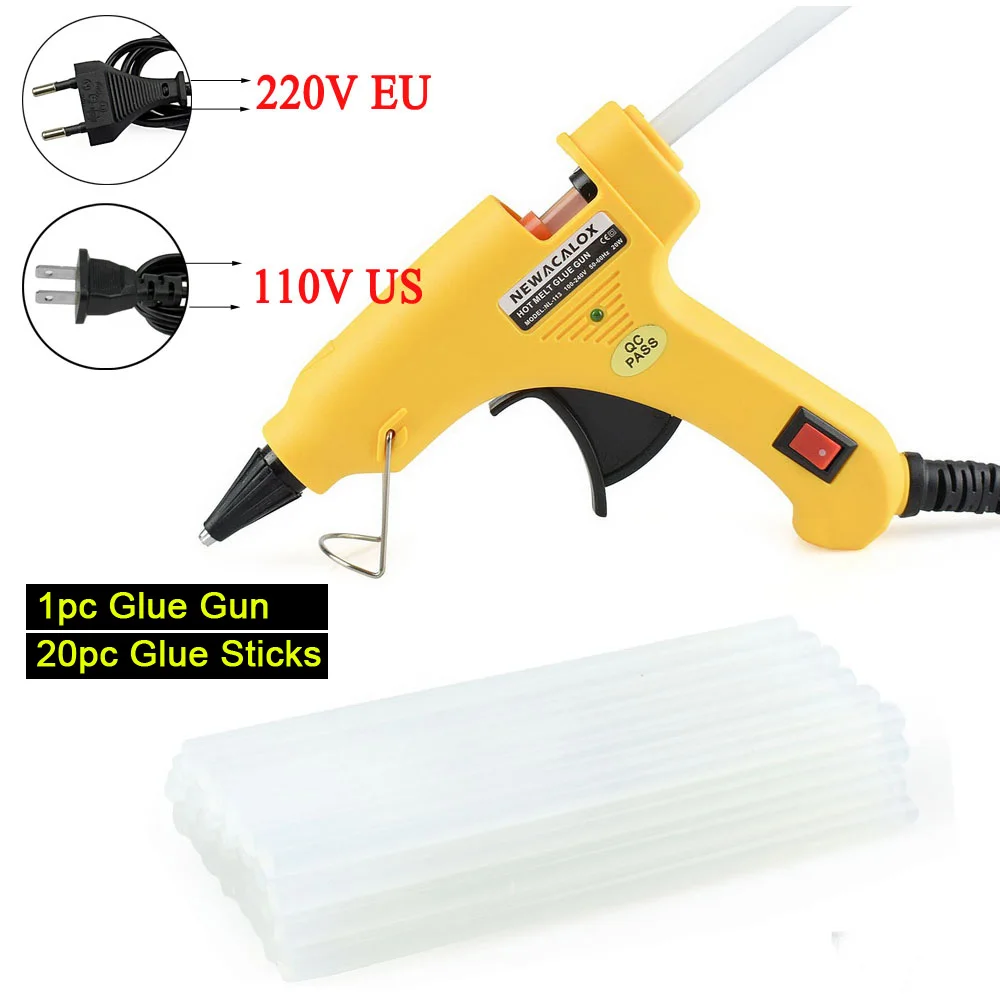 Yellow Glue Gun Newacalox 20 Вт EU/us вилку термоклей Пистолеты для склеивания с 20 штук 7 мм Клей-карандаш промышленных мини Пистолеты thermo клеевым пистолетом тепла Температура инструмент - Цвет: Yellow Glue Gun