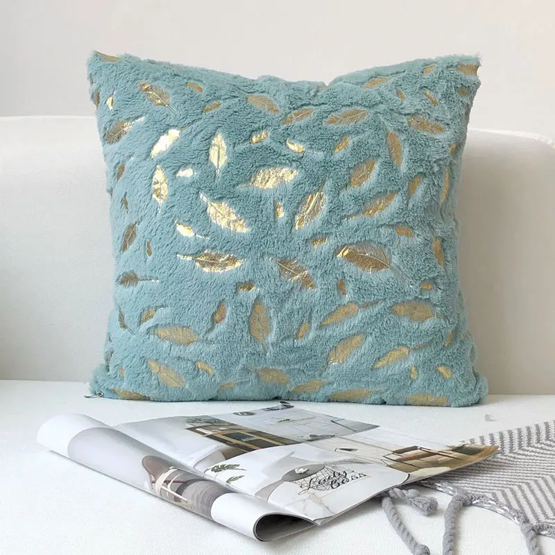 

Golden Leaves Short Plush Cushion Cover Winter Pillowcase 45*45 Home Luxurious Decor for Sofa Bed Living Room Warm Accessories