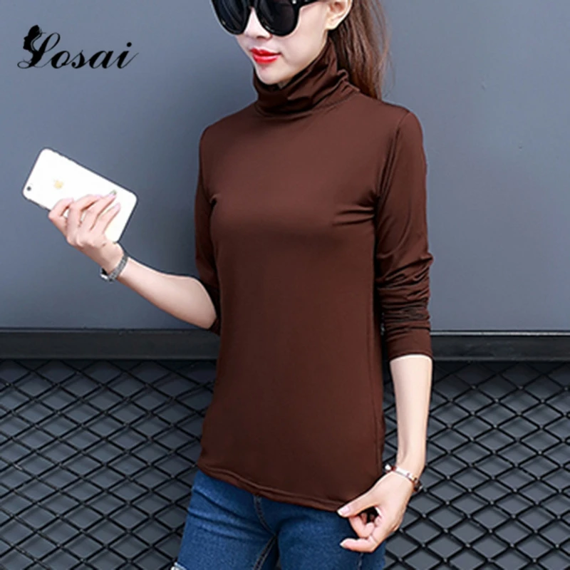 2019 Женская Повседневная футболка с длинным рукавом одноцветная водолазка топы