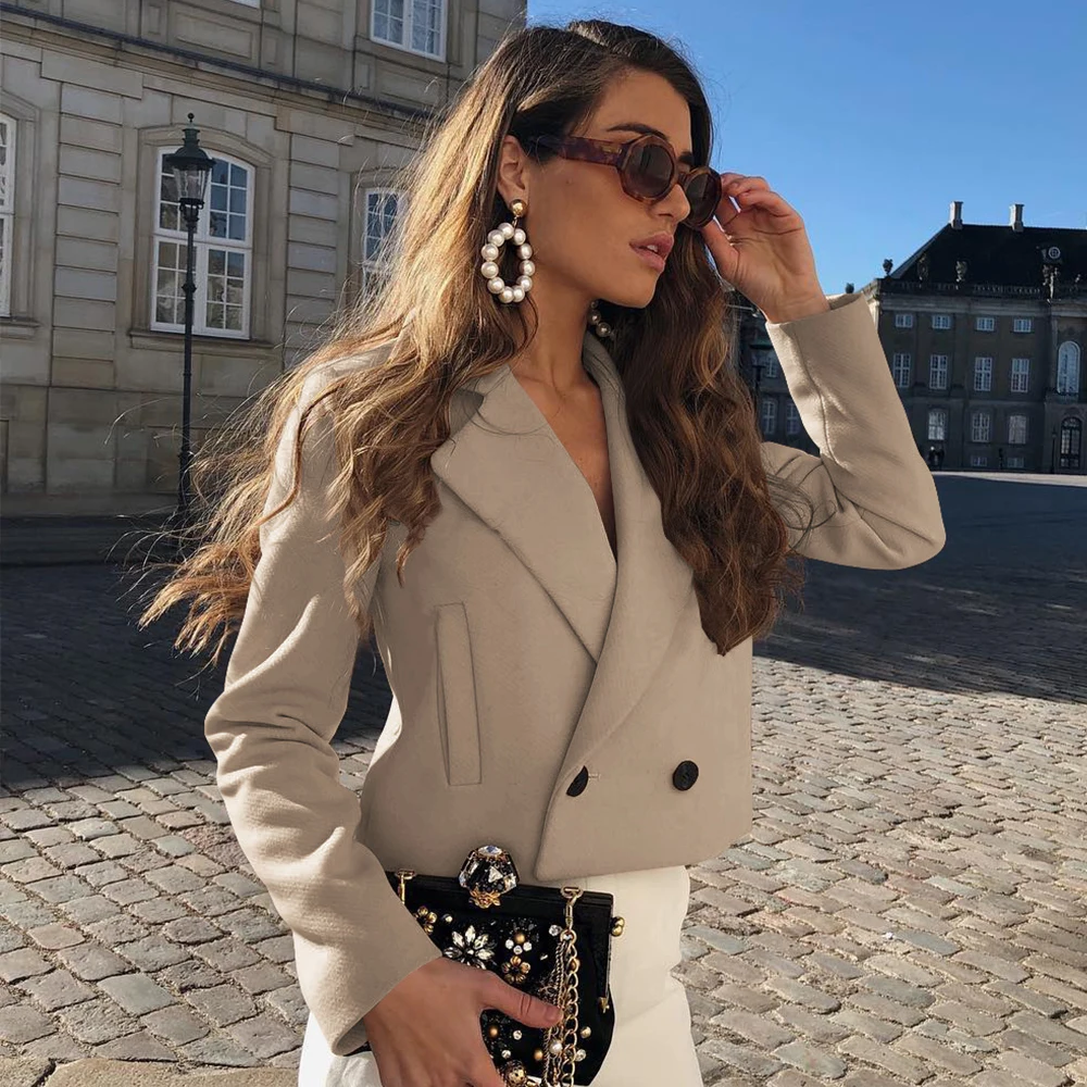 Женское винтажное пальто с длинным рукавом однотонное теплое короткое на