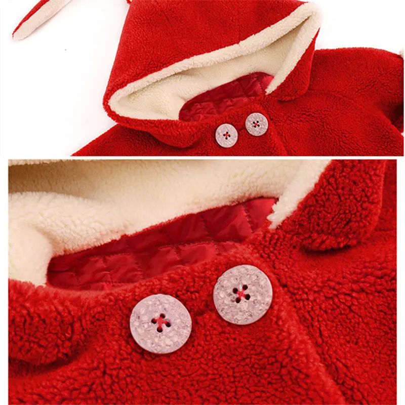 

Baby Girls Wool Coat Cartoon Jacket Winter Kids Windproof Cute Hooded Ear Children Clothing Fashion Toddler Red Outerwear 12M-7Y