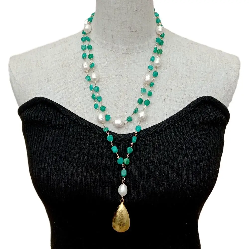Y·YING Peruvian Amazonite White Rice Pearl sweater chain Necklace Teardrop Brushed Bead Pendant necklace 21&quot for women |