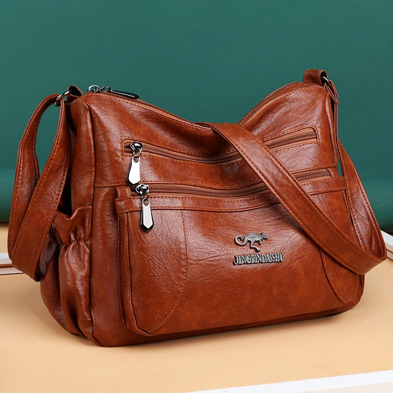 

Multi-pocket Vintage Leather Crossbody Bags For Women 2021 Large Capacity Shoulder Messenger Bag Luxury Handbag Designer Purses