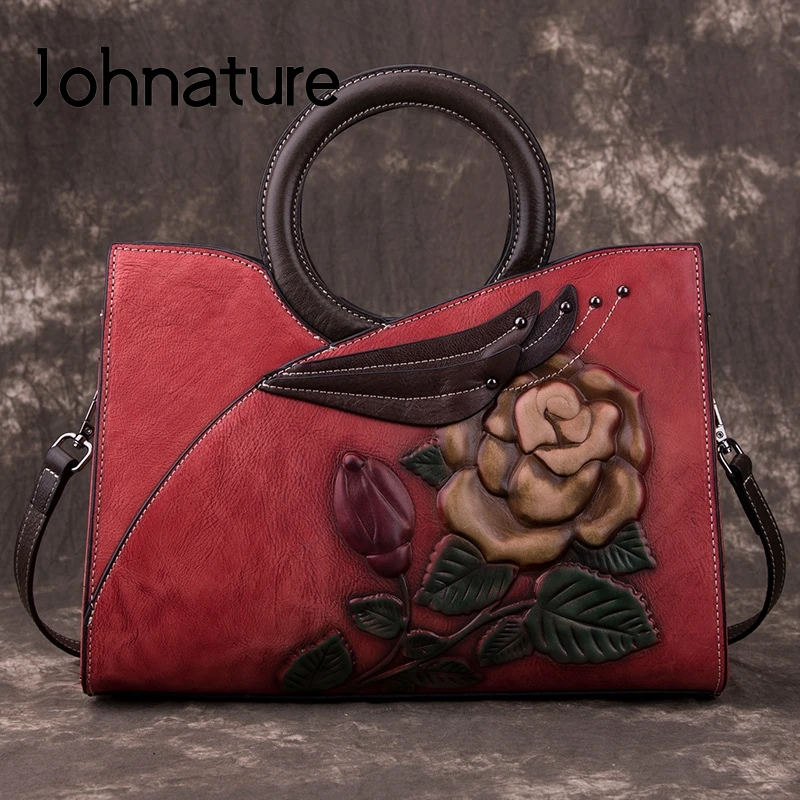 

Johnature Retro Handmade Genuine Leather Women Handbag 2021 New Casual Tote Large Capacity High Quality Shoulder&crossbody Bags