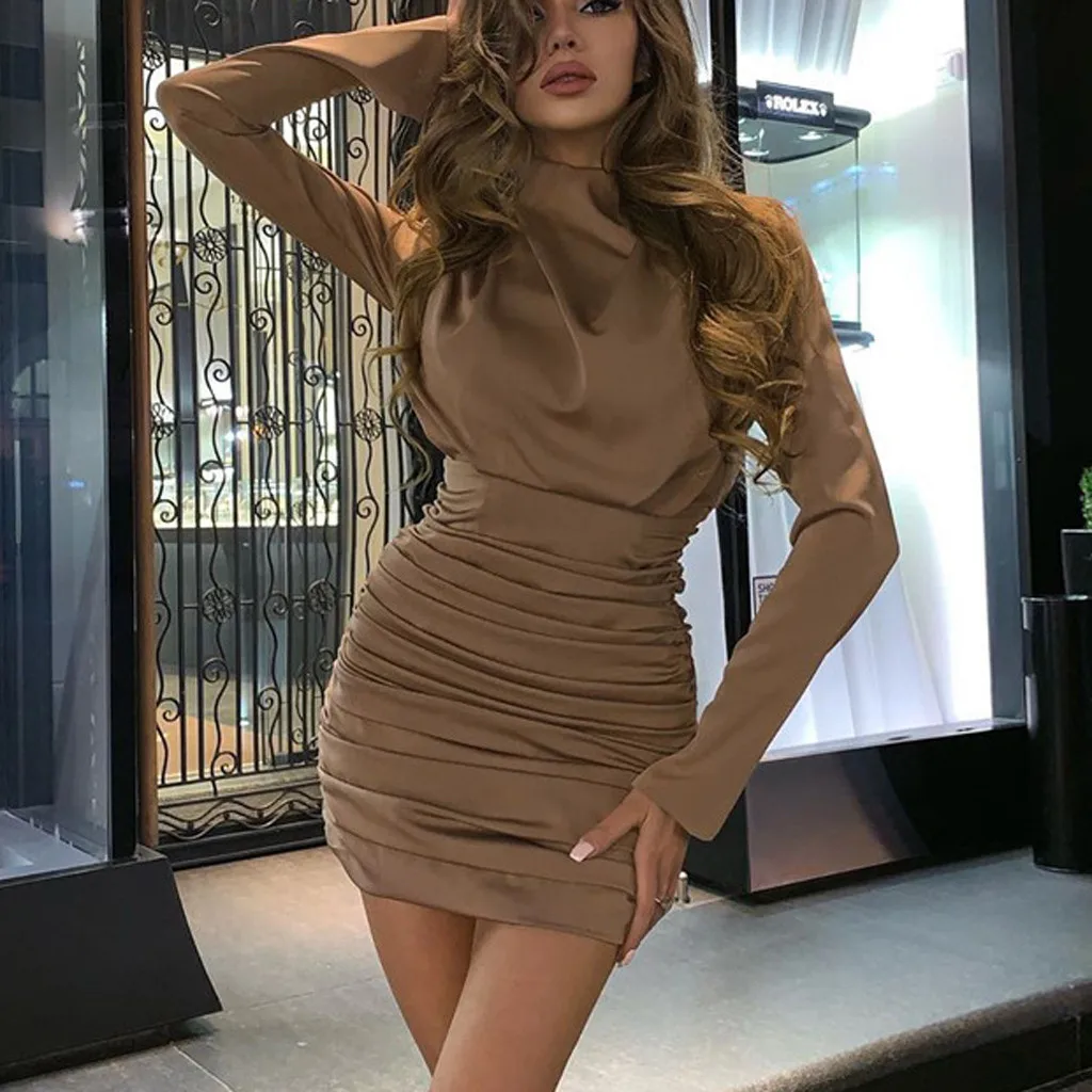Vestidos mujer 2019 однотонное облегающее мини-платье со стоячим воротником высокой