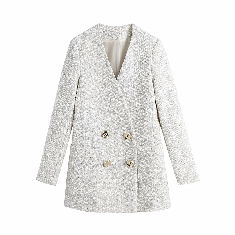 

Women Pop Vogue Double Breasted Loose Tweed Jacket Coat Vintage Long Sleeve Pockets Female Outerwear Chic Tops