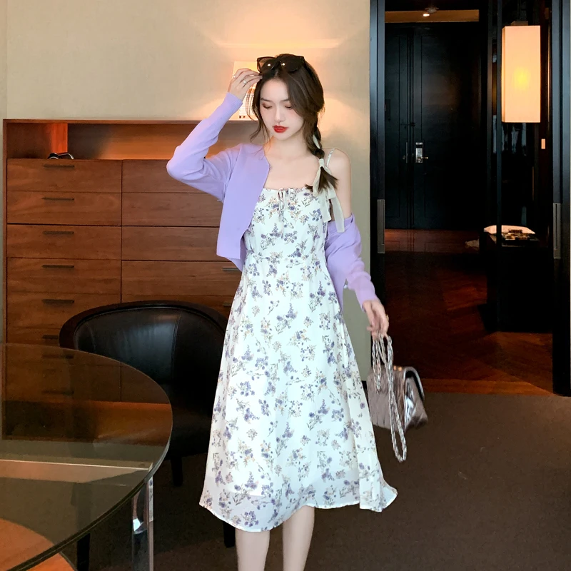 

CMAZ 2021 summer floral chiffon dress for women female French style strap long beach dresses 1725#