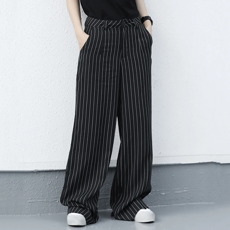 [EAM] High Waist Black Striped Long Casual  Wide Leg Trousers New Loose Fit Pants Women Fashion Tide Spring Autumn 2021 1DD8617