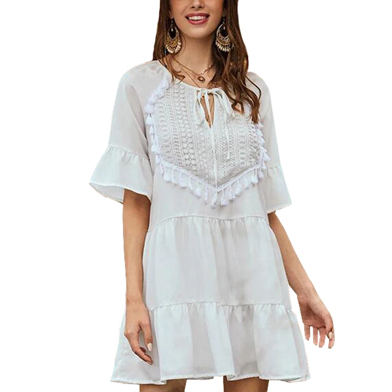 Женское милое однотонное мини-платье трапециевидной формы с оборками и рукавом