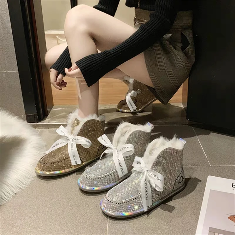 Зимние сапоги женские меховые универсальные зима 2021 новые Стразы с бантом
