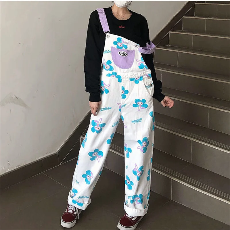 Women Cartoon Printed Bib Overall Sleeveless Pockets Jumpsuit Loose Casual Long Wide Leg Jumpsuit Pants Jeans