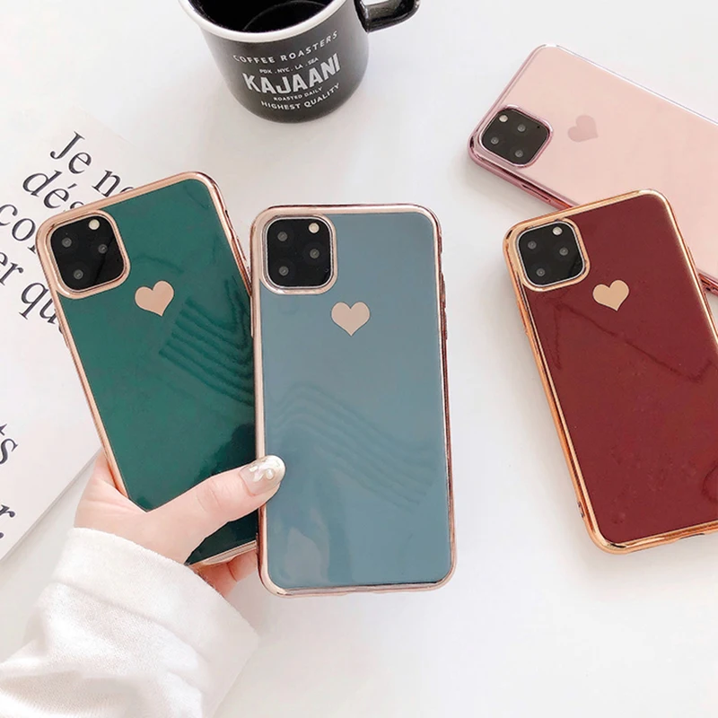 Чехол LOVECOM с гальваническим покрытием и сердечком для iPhone 11 Pro Max XR XS Max 6 6S 7 8 Plus, милый однотонный Мягкий ТПУ чехол для задней панели телефона в подарок