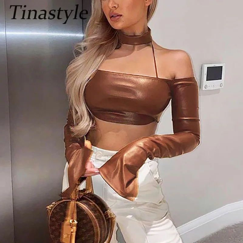 

Tinastyle Faux Leather Halter Sexy T-shirt Women Corset Top Harajuku Off Shoulder Party Nightclub Crop Top Flare Sleeve T-shirts